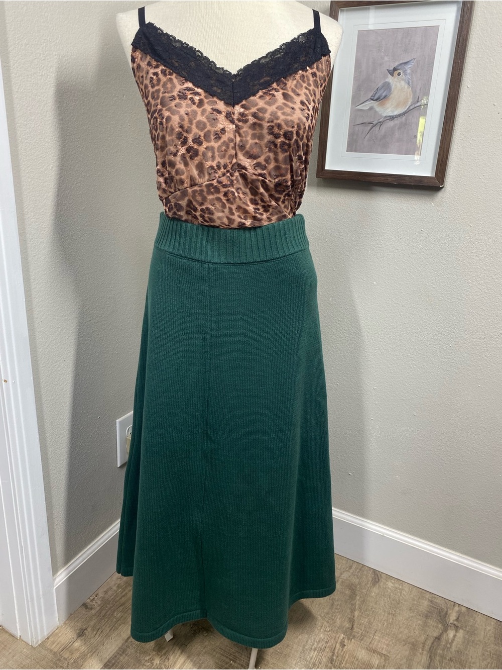 Cabi Duo Dark Green Knit A-Line Women's Skirt